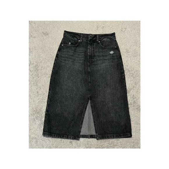 Stone Wash Black Denim Midi Skirt - Picture 2 of 9